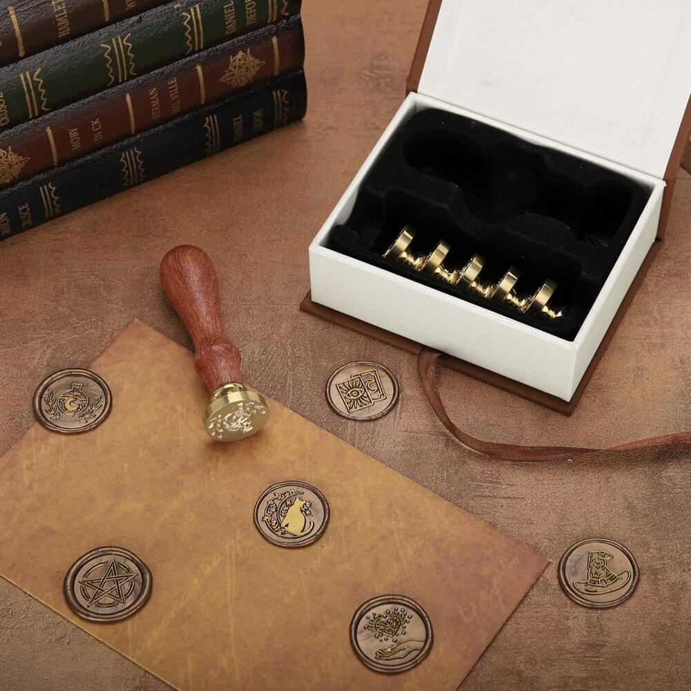 Wax Seal Stamp Gift Box Set, 6 Pieces Wiccan Copper Sealing Wax Stamp Heads + 1 - Picture 5 of 7
